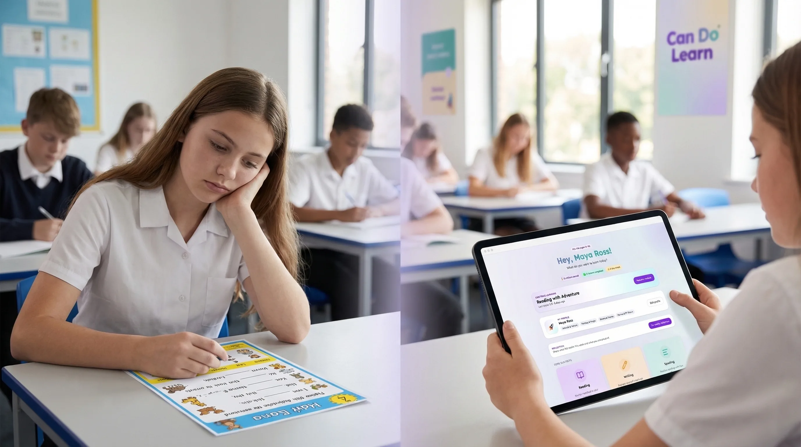 Split classroom scene showing a disengaged secondary pupil with a worksheet beside the same pupil using CanDoLearn on a tablet